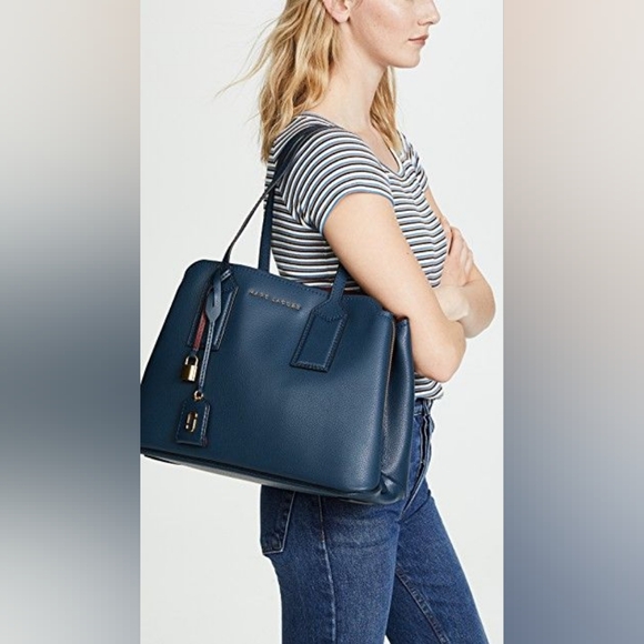 MARC JACOBS Editor Leather Tote Bag Blue Sea Navy Red Everyday Versatile Classic - Picture 2 of 16
